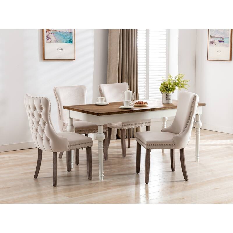 Velvet Upholstered Dining Chair Set of 2, Wing-Back Kitchen Chairs with Backstitching Nailhead Trim and Solid Wood Legs