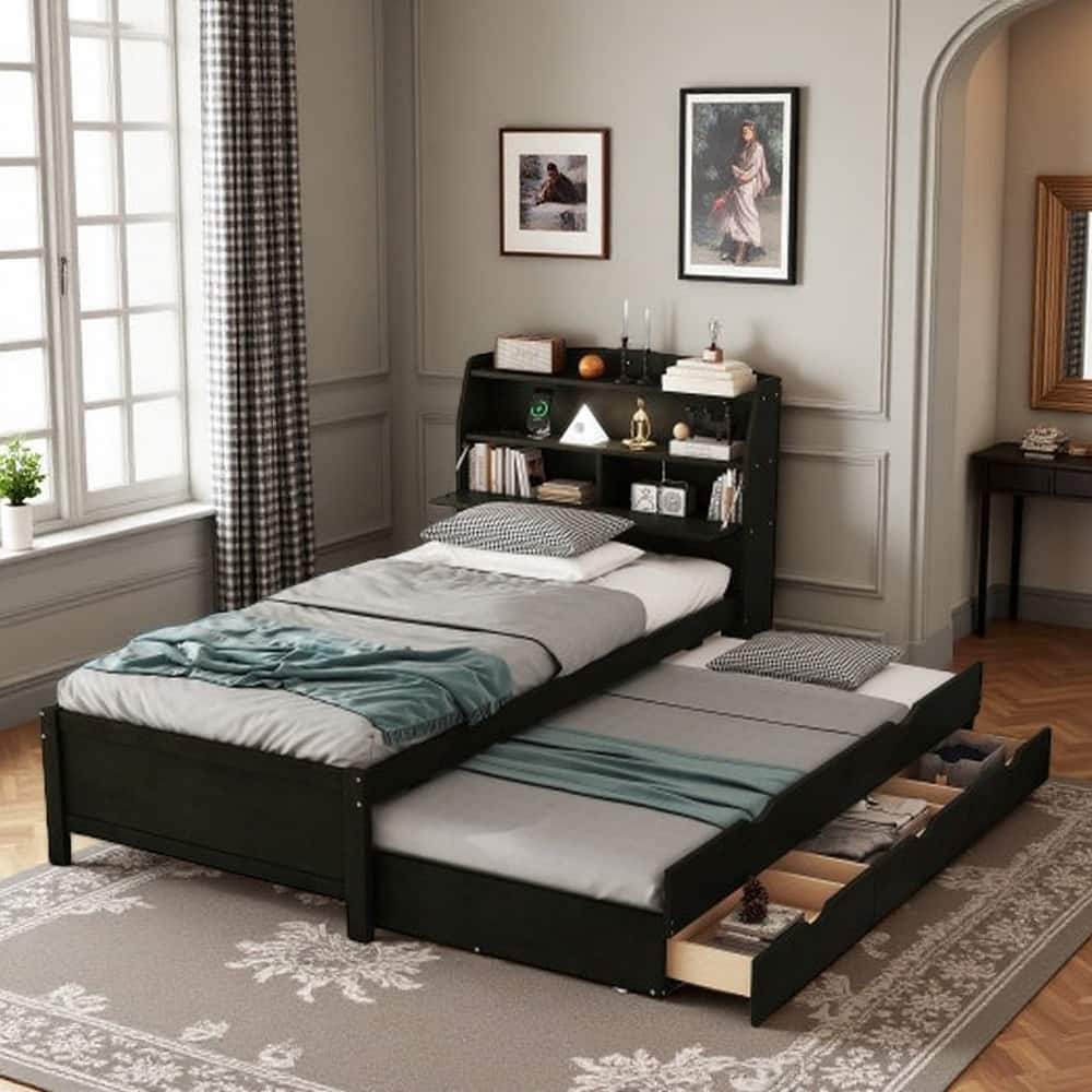 Full Platform Bed with Pull-Out Trundle, LED Headboard Lighting, USB Charging Ports, Flip-Up Storage, and Under-Bed Drawers