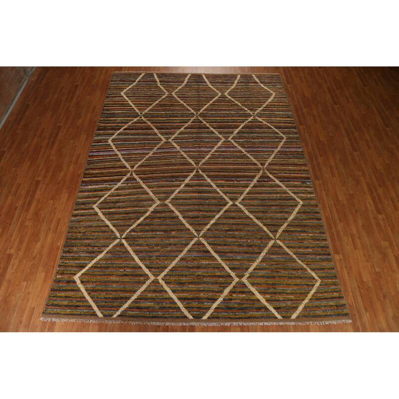 Hand Knotted Oriental 100% Wool Carpet Modern Stripe Multi-Colored Moroccan Area Rug - 13' 0'' X 9' 7''