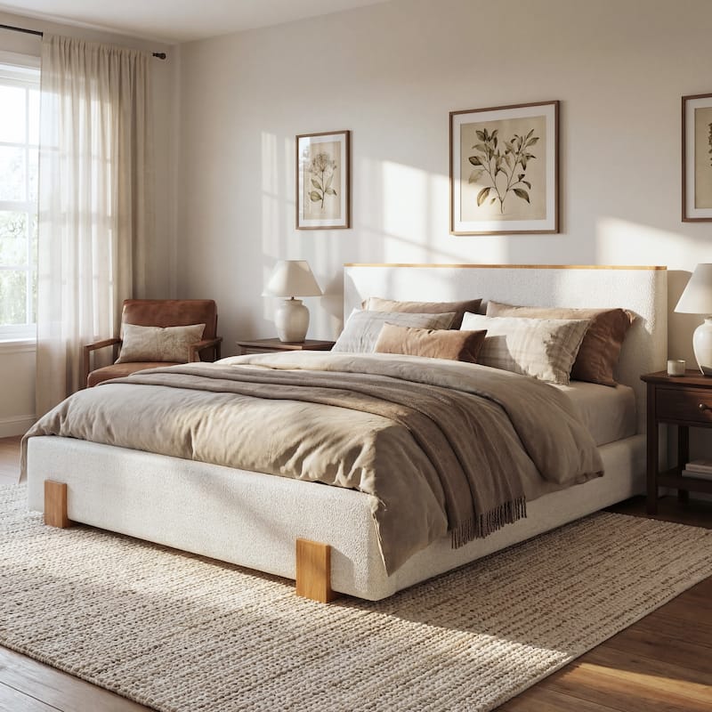 Christopher Knight Home - Verdes Modern Soft Boucle Upholstered Platform Bed with Solid Wood Legs, Trim & Padded Headboard