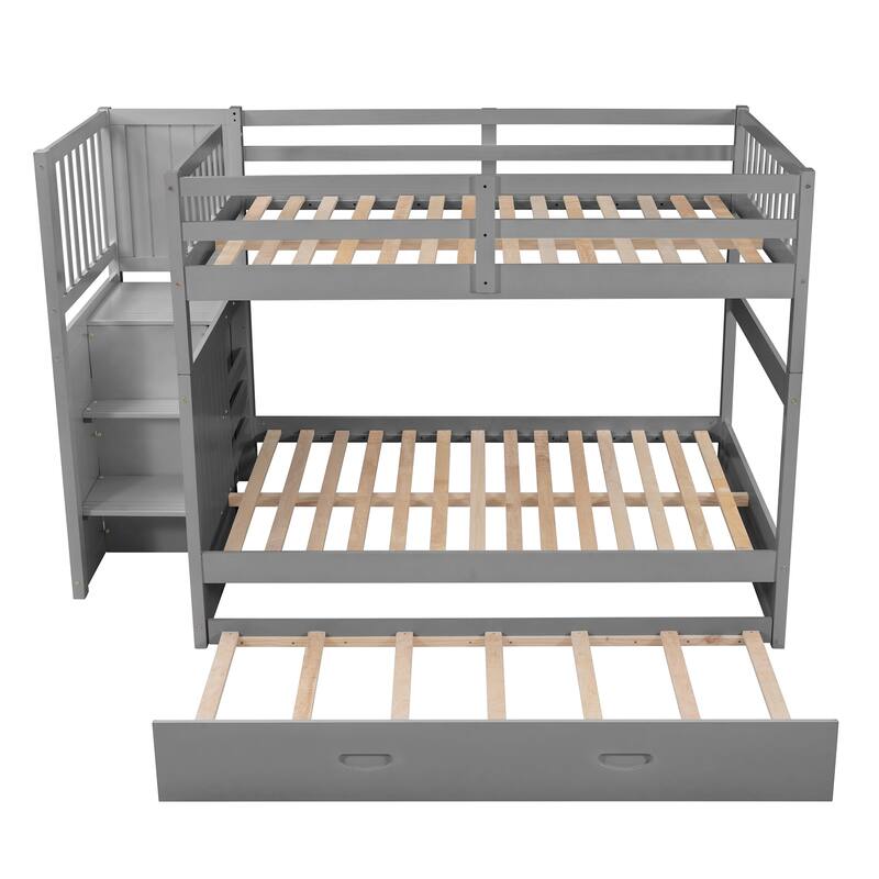 Full Over Full Bunk Bed with Twin Trundle & 4 Drawer, Space Saving Wood Bunkbed Frame w/Storage Staircase & Safety Guardrail