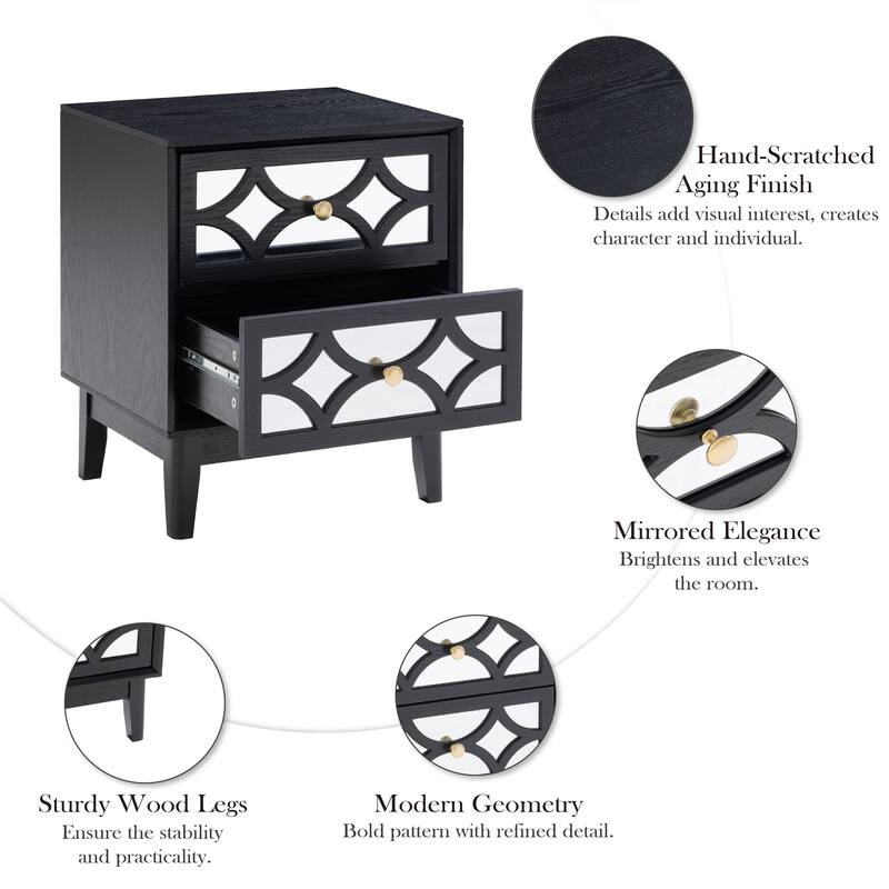 COZAYH Contemporary 2-Drawer Nightstand with Mirror Fronts, Elegant Geometric Design Bedside Table for Bedroom