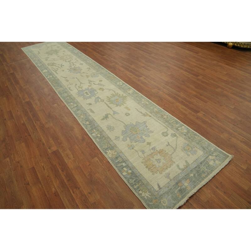 Earth Tone Wool Oushak Vegetable Dye Runner Rug, Floral Geometric Carpet - 13' 4'' X 2' 9''