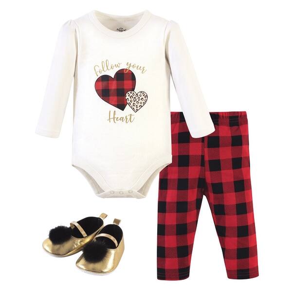 slide 1 of 1, Little Treasure Baby Girl Cotton Bodysuit, Pant and Shoe 3pc Set, Buffalo Plaid Heart 0-3 Months - Buffalo Plaid Heart