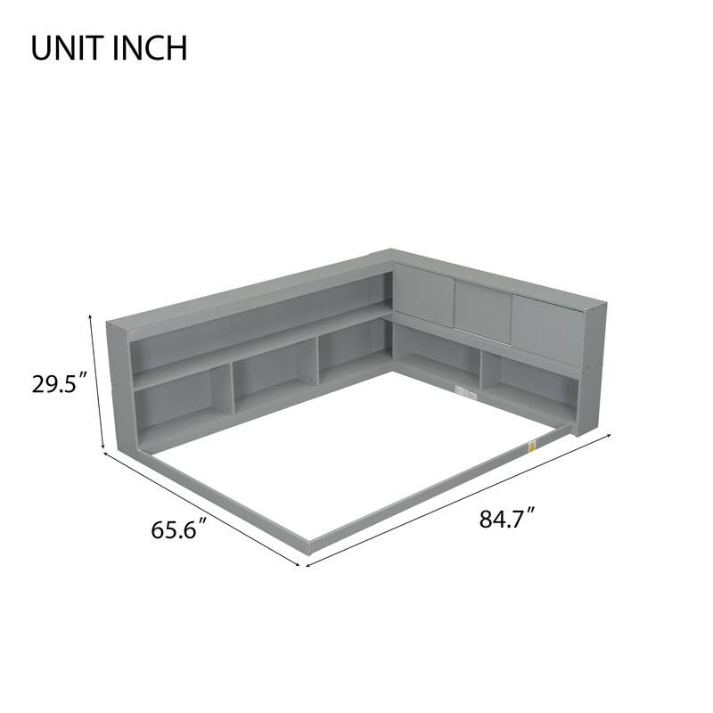 Full Size Wood Floor Bed with L Shape Bookcases,Without Slats