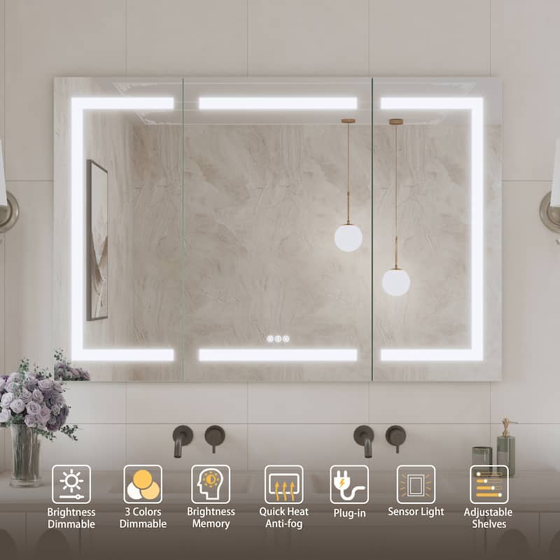 Rectangular Aluminum Recessed/Surface Mount Frameless Anti-Fog Medicine Cabinet with Dimmable LED Lights