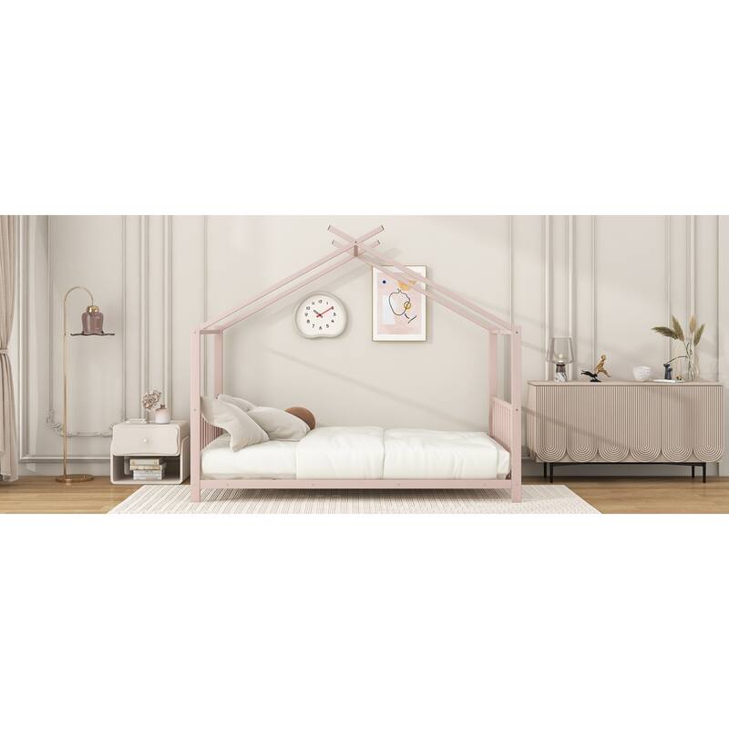Roomfitters Twin Size House Bed, Modern Metal Floor Bed Frame with Roof, Sleek Scandi Style Sleep Space, Pink