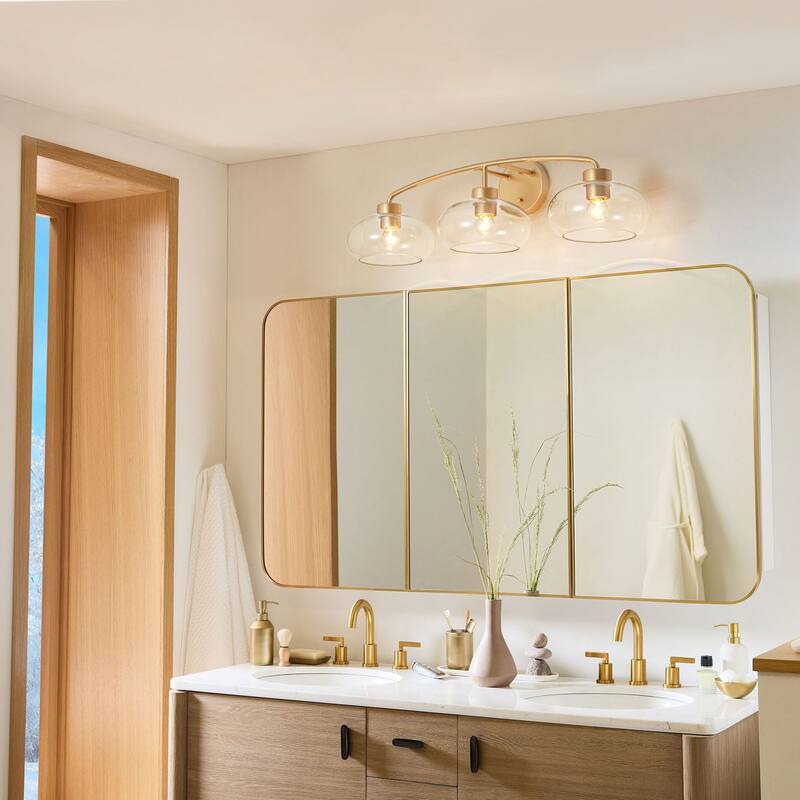 3-Light Modern Glam Brass & Clear Glass Vanity Light for Bathroom - 3 Light