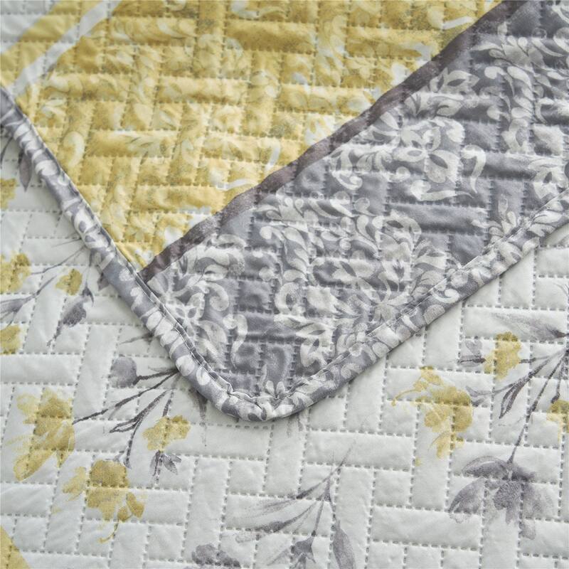 3 Piece Gray Yellow Stripe Quilt Set Floral Reversible Bedspread