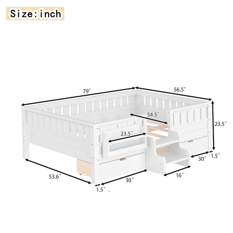 Full/Twin Loft Bed with Storage Drawers, Safety Staircase & Rails