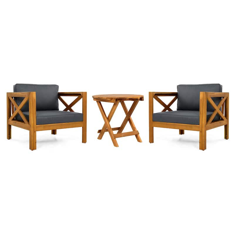 3 Piece Patio Conversation Set, Outdoor Wood Conversation Seat(Set of 2),Armchair with Cushions,Foldable Acacia Wood Side Table