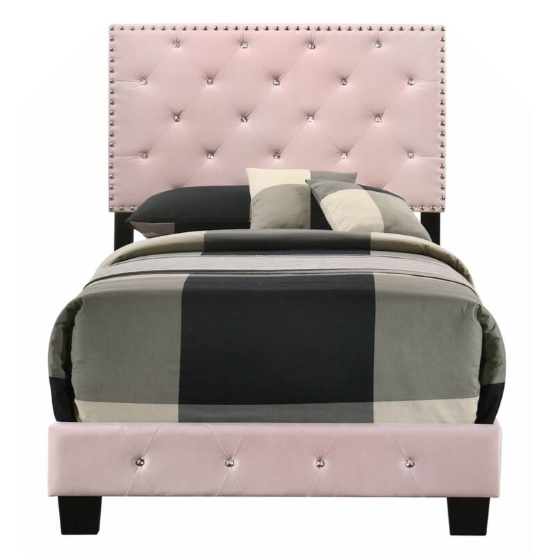 Pink Velvet Platform Bed with Nailhead Trim, Twin Size