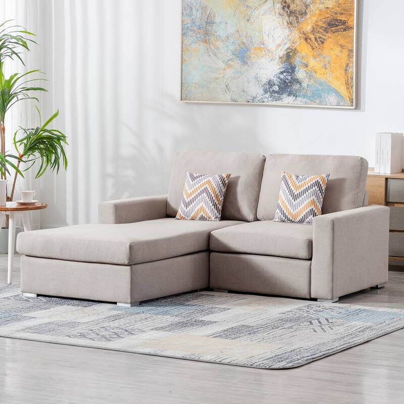 Linen Fabric 2-Seater Reversible Sofa Chaise with 2 Pillows and Interchangeable Legs in Beige