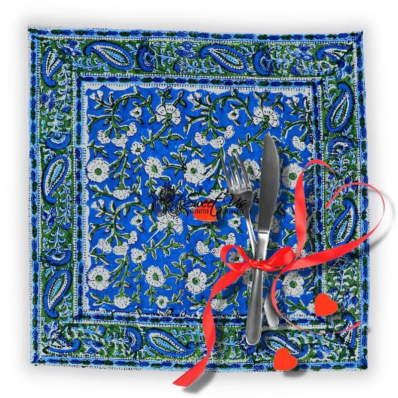 Royal Paisley Floral Cotton Block Print Tablecloth Rectangle - Set of 4 Napkins - Ocean Blue