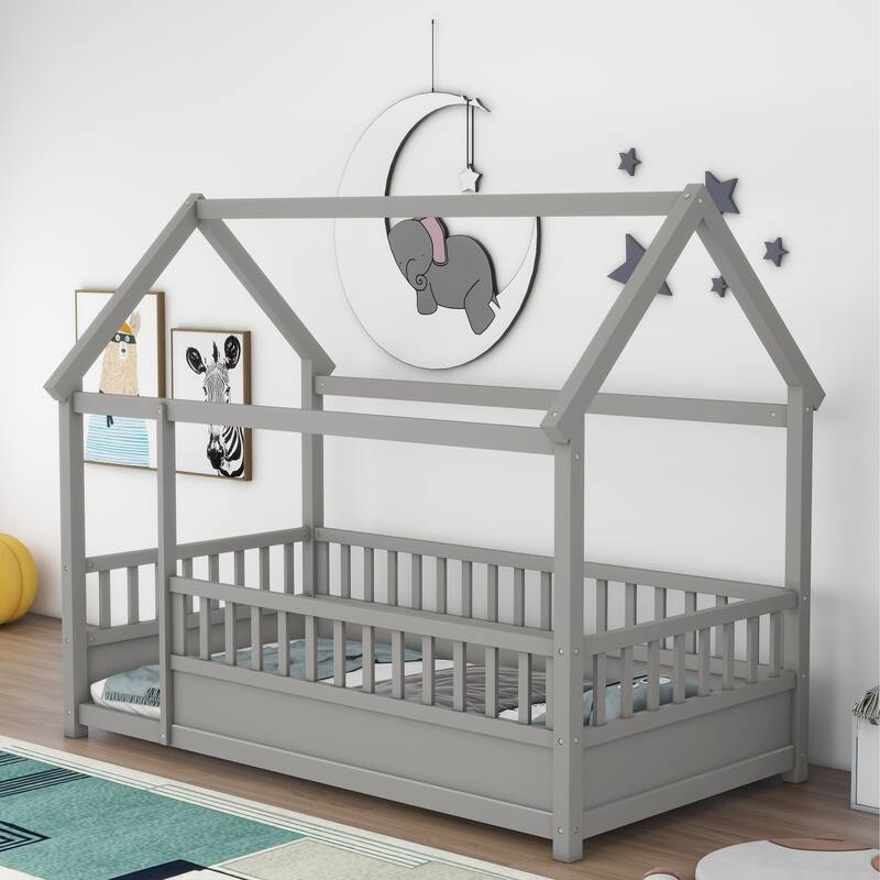 Twin Size Floor Bed Wooden House-shaped Bed Frame with Fence & Roof
