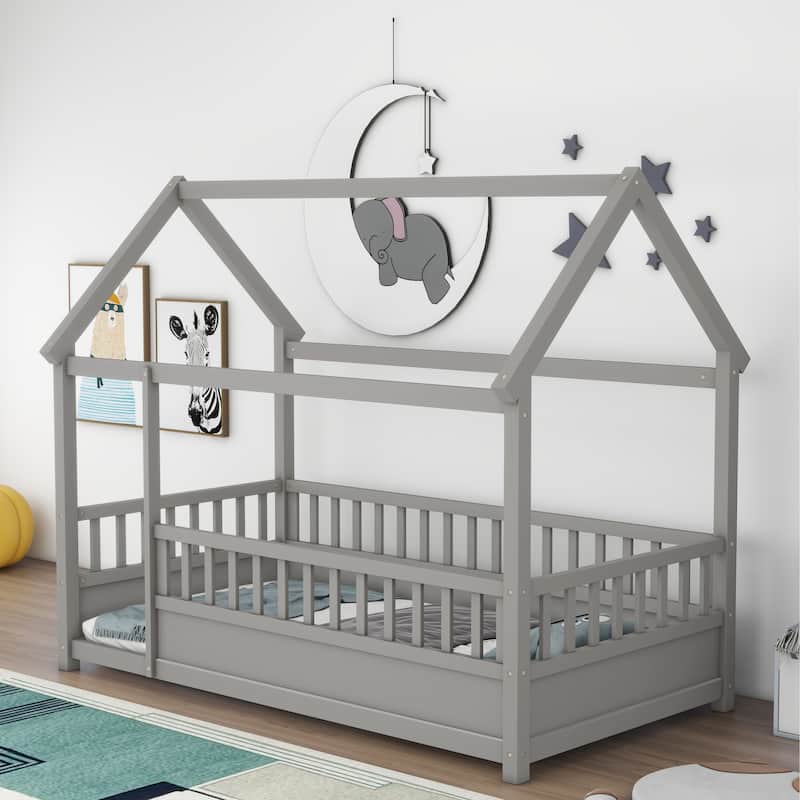 Twin Size Pine Wood Floor Bed with House Roof Frame, Fence Guardrails for Kids, Boys and Girls