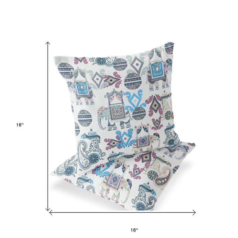 HomeRoots Set of Two 16" X 16" Beige and Blue Elephant Blown Seam Eclectic Indoor Outdoor Throw Pillow
