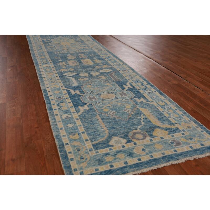 Hand Knotted Oriental 100% Wool Carpet Transitional Geometric Navy Blue & Blues Oushak Runner Rug - 14' 4'' X 2' 10''