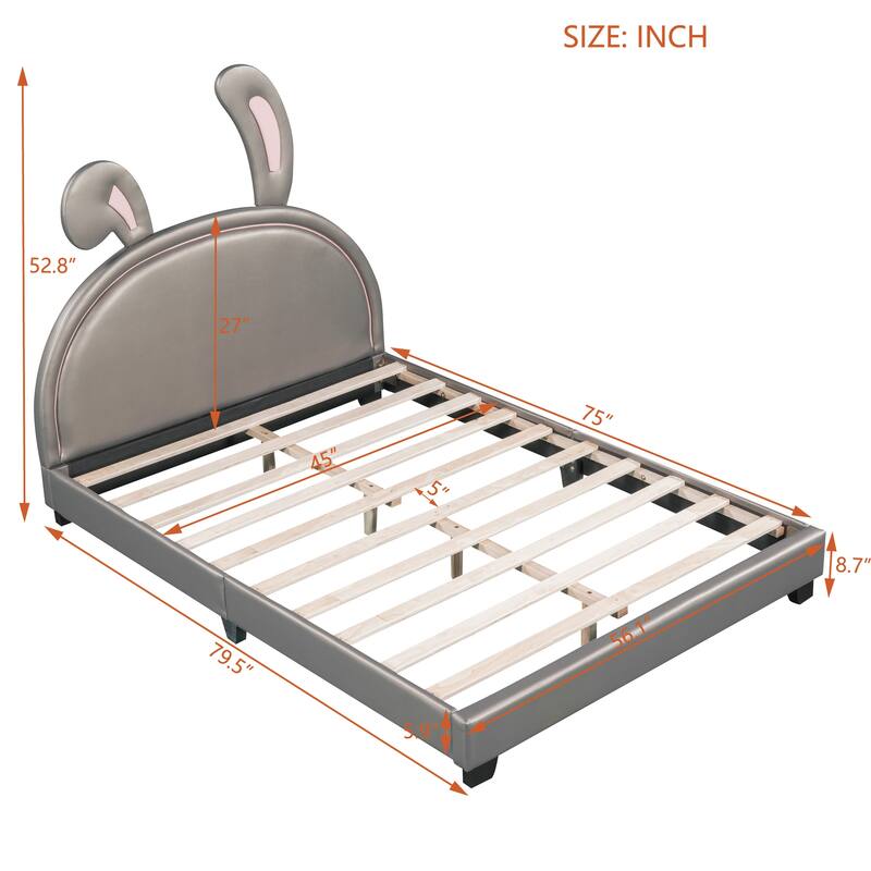 Full Size Upholstered PU Leather Platform Bed with Rabbit Decor, Gray