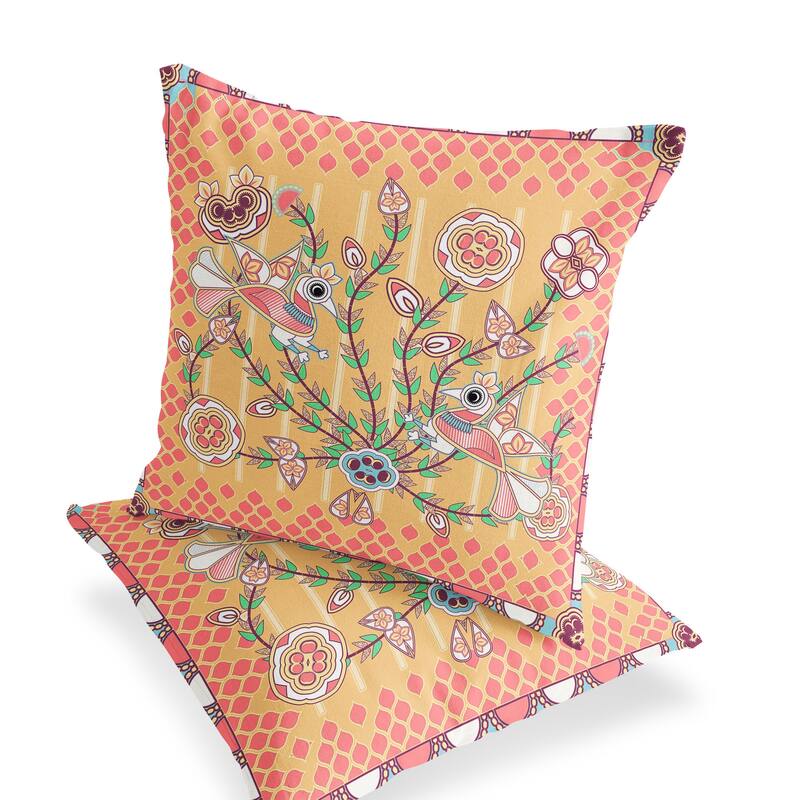 HomeRoots Set of Two 16" X 16" Yellow and Peach Peacock Blown Seam Floral Indoor Outdoor Throw Pillow - 16.00' X '16.00' X '5.00