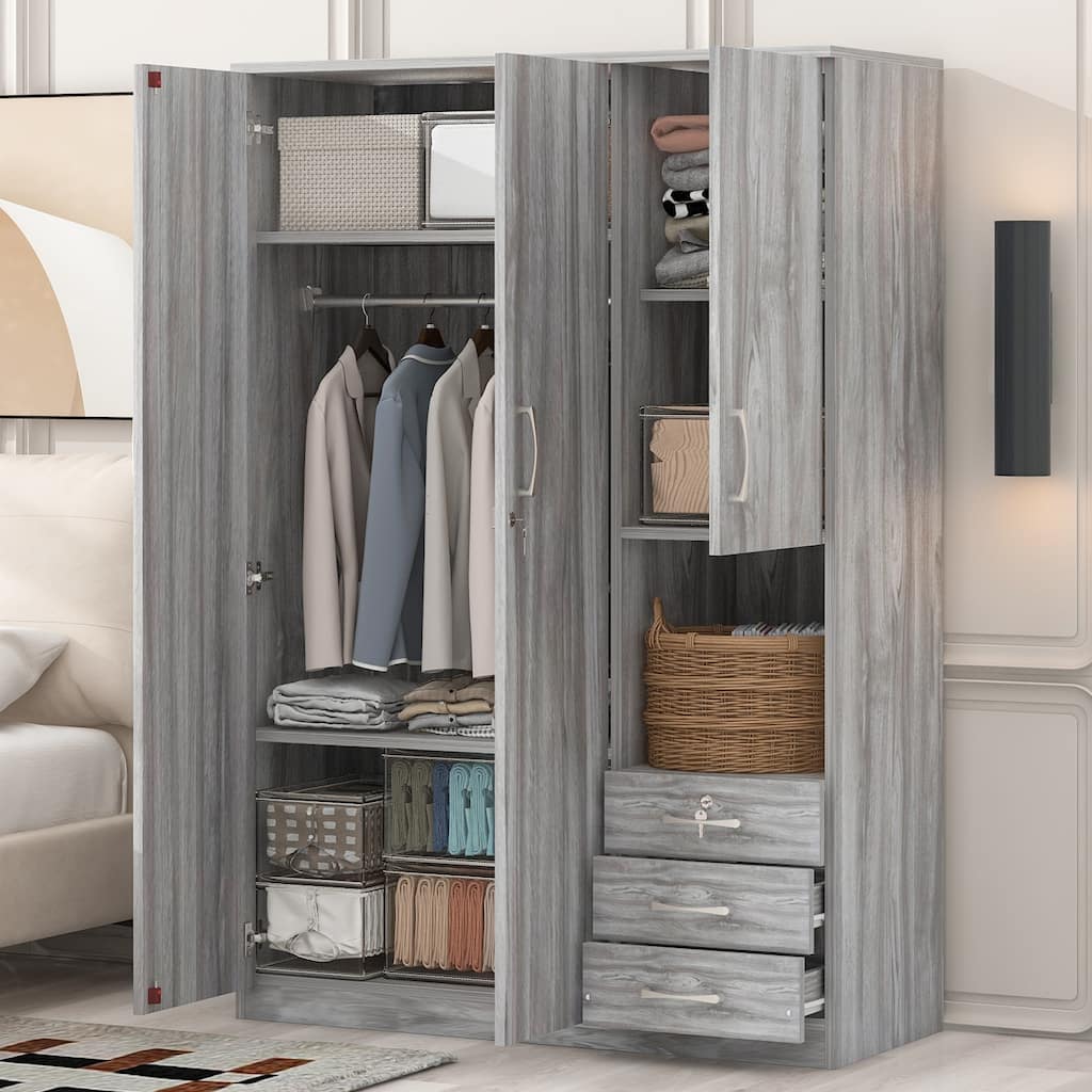 3-Door Wooden Wardrobe Armoire, Closet Organizer with Shelves, Drawers and Hanging Rod, Storage Solution for Bedrooms