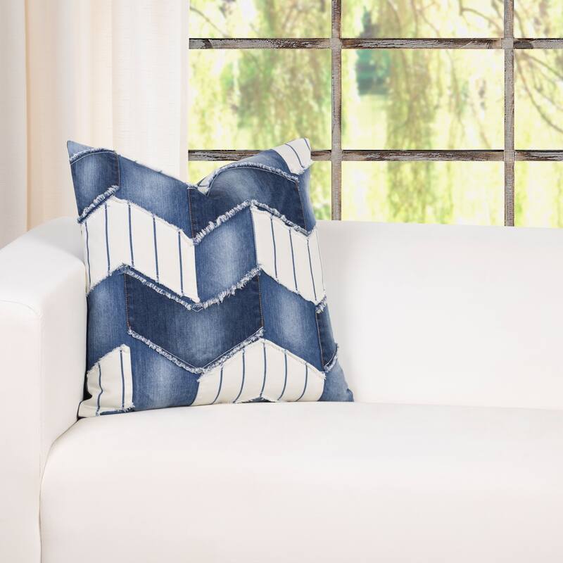 Vintage Washed Denim Throw Pillow with Removable Cover - White Denim Chevron