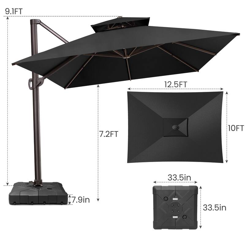 10X12.5 FT Outdoor Dual Top Patio Offset Umbrella 360 degrees Rotation with Base