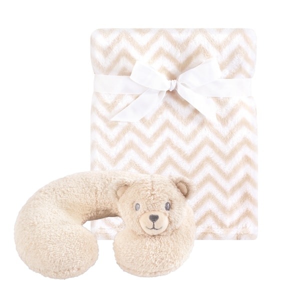 slide 1 of 1, Hudson Baby Infant Neck Pillow and Plush Blanket Set, Tan Bear, One Size - Tan Bear - One Size One Size - Tan Bear