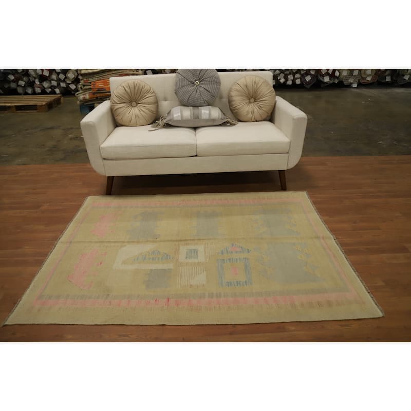 Hand Woven Oriental 100% Wool Carpet Southwestern Modern Yellow & Gold Kilim Area Rug - 5' 9'' X 4' 2''