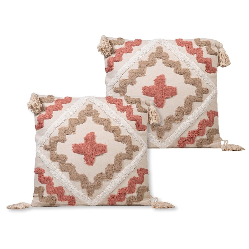 Sol Living Decorative Accent Pillows Throw Pillow for Couch Bedroom Soft Cushions - 18 x 18 in - 2 Piece - White/Tan with Tassels - Set of 2
