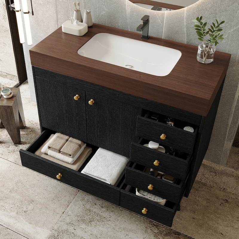 36" Bathroom Vanity with Faux Marble Top & Ceramic Sink, 5-Drawer Storage Cabinet with Stainless Steel Legs