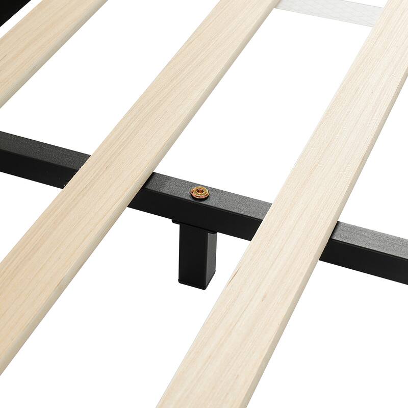 Roomfitters Full/Queen Size Upholstered Grounded Platform Bed with Bedside Desk and Round Stool, Velvet Fabric Bed Frame