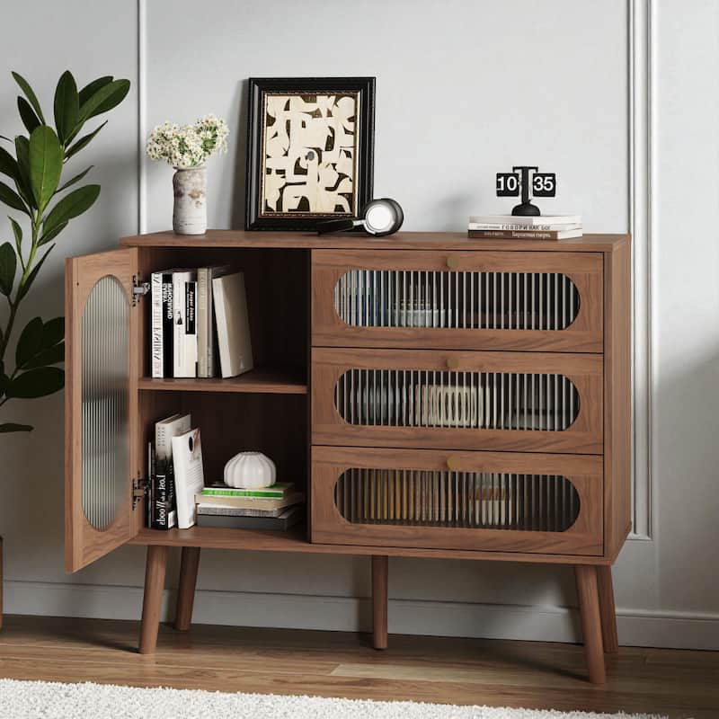 Natural Wood Accent Cabinet with 3 Drawers and Door, Storage Sideboard with Shelves for Living Room or Entryway
