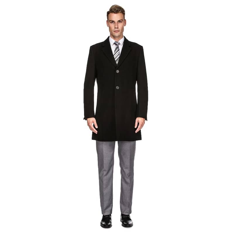 Men's Single Breasted Wool Blend Coats - Black - M