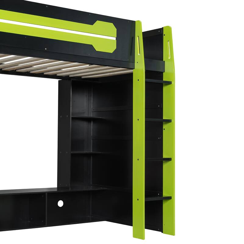 Esports Twin Loft Bed with Desk, Multi-storage Shelves and Light Strip