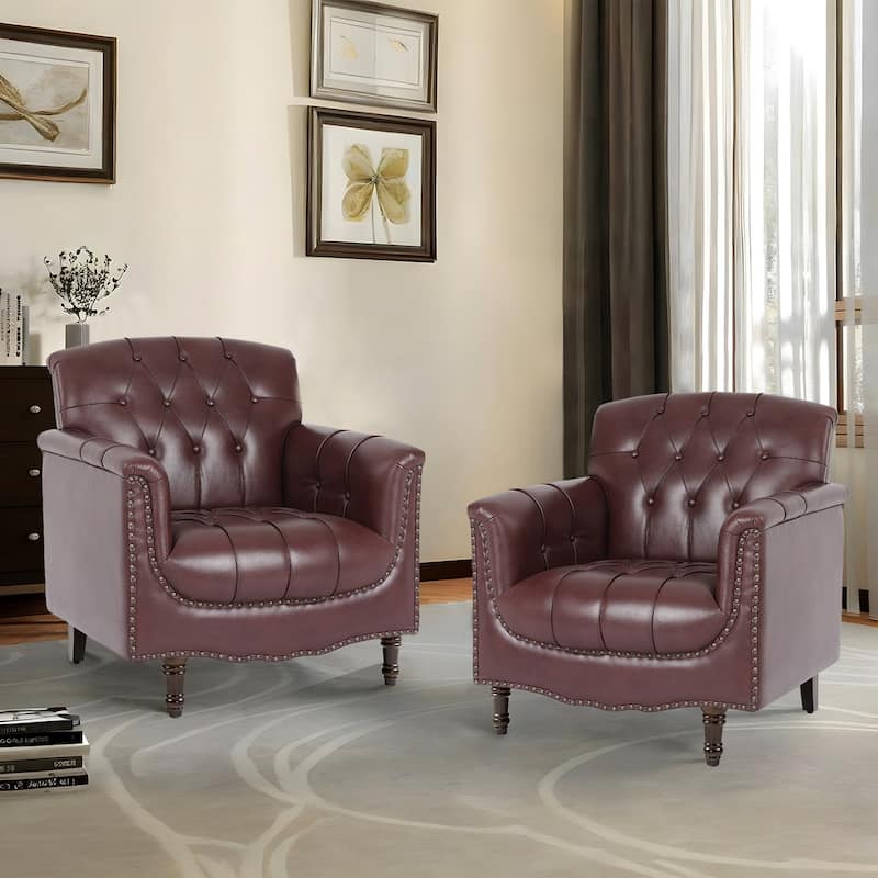 Traditional Faux Leather Tufted Accent Arm Chair with Nailhead Trim - Set of 2 - Dark Red