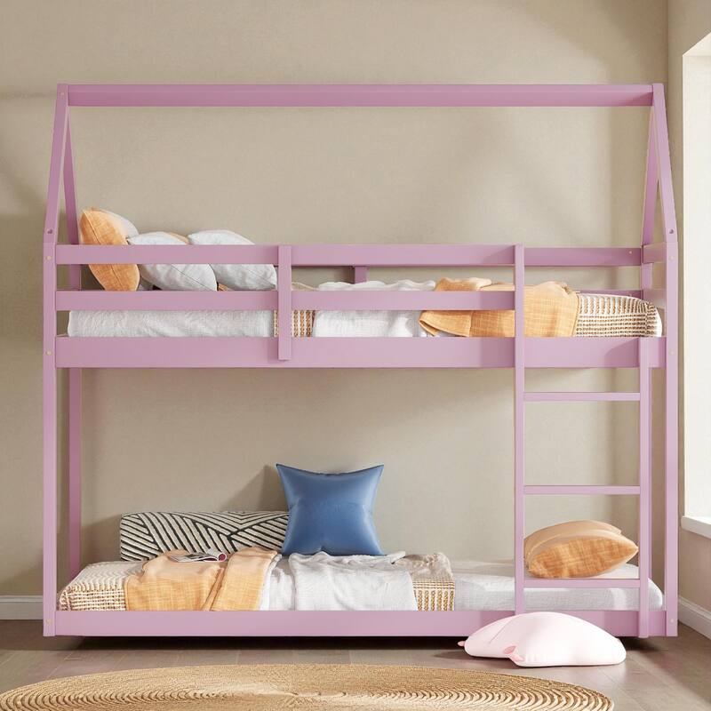 Twin Over Twin Floor Bunk Bed with House Roof Design, Rubber Wood Frame, Ladder and Guardrails for Kids Bedroom