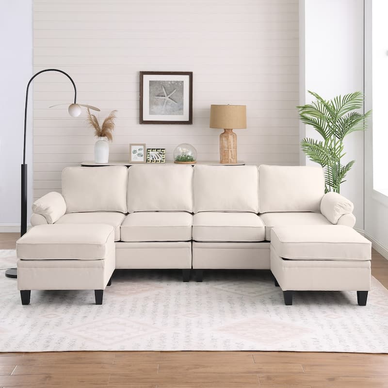 102" U-Shaped Linen Fabric Sectional Sofa with Ottomans - Beige