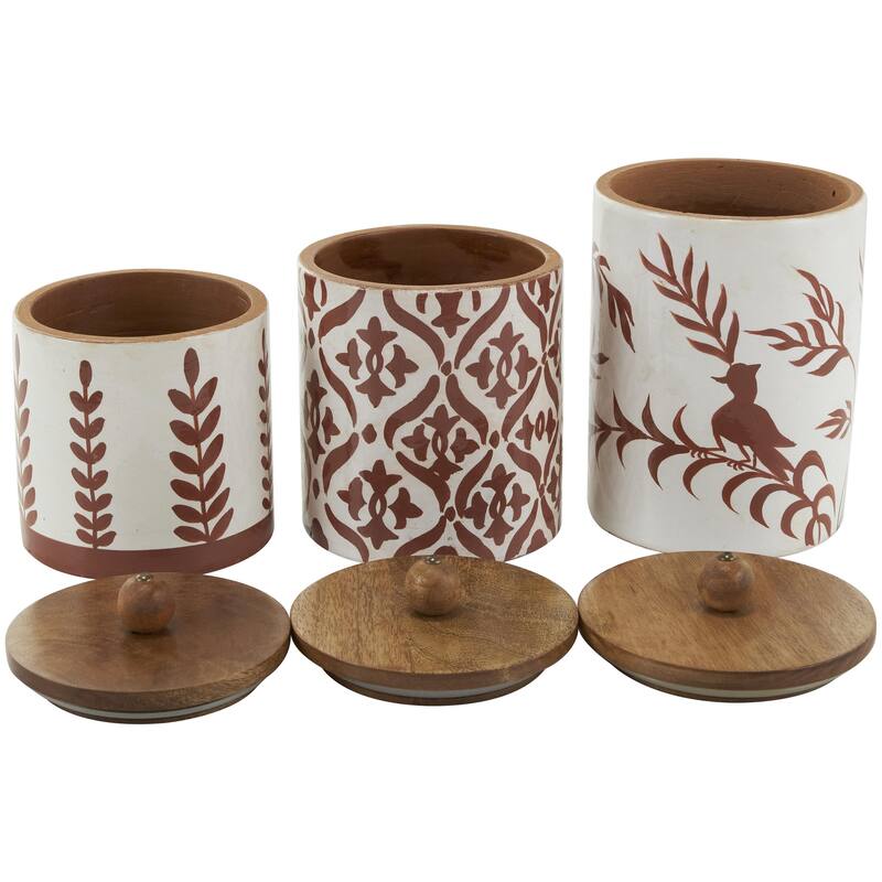Ceramic Floral Canisters with Wood Lids - Set of 3 Red - Roche River Decor