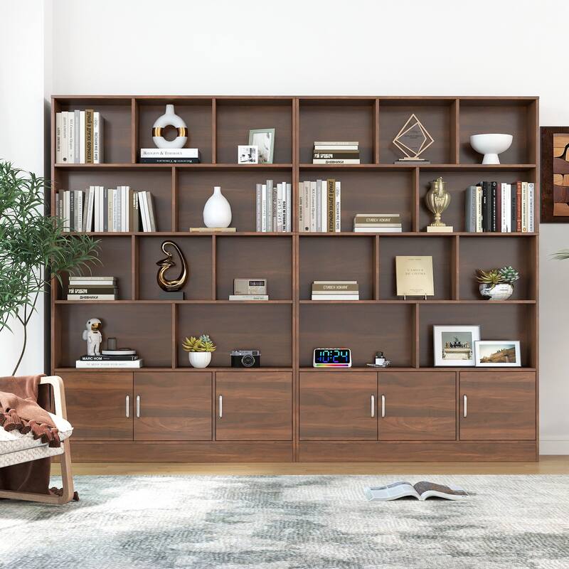 70.87" Tall Wood Bookshelf with 10 Cubes, Mid Century Modern Display Cabinet Open Bookcase with Storage Cabinet for Living Room