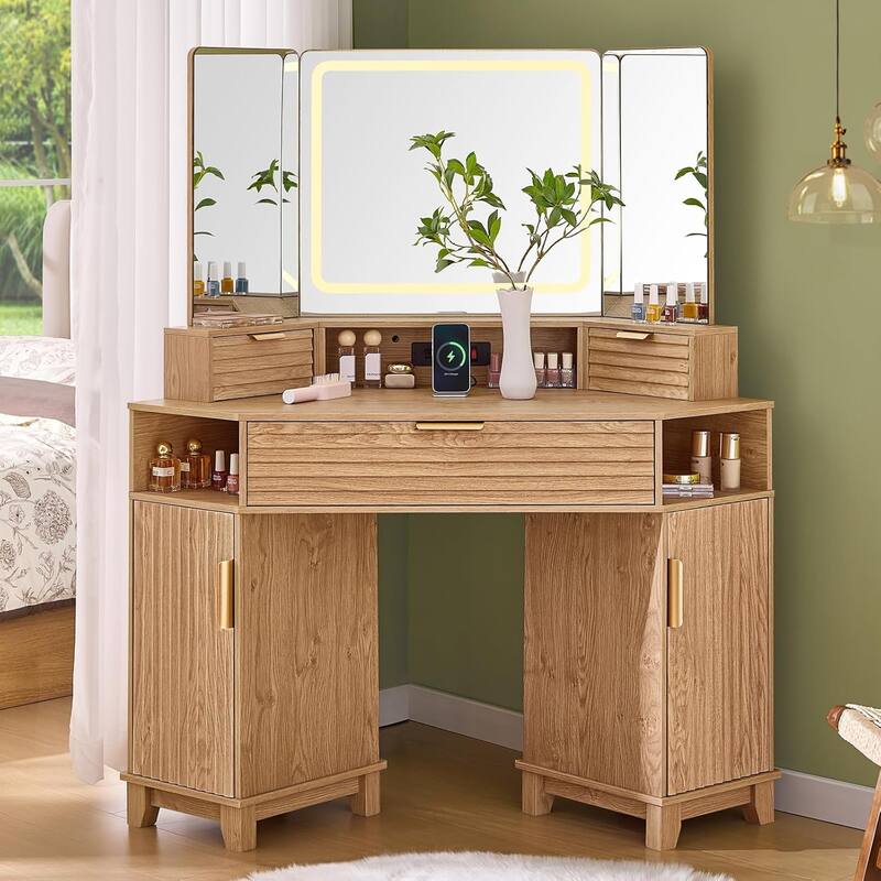 Corner Vanity Desk with Lighted Mirror Drawers Shelves Storage Stool - Natural