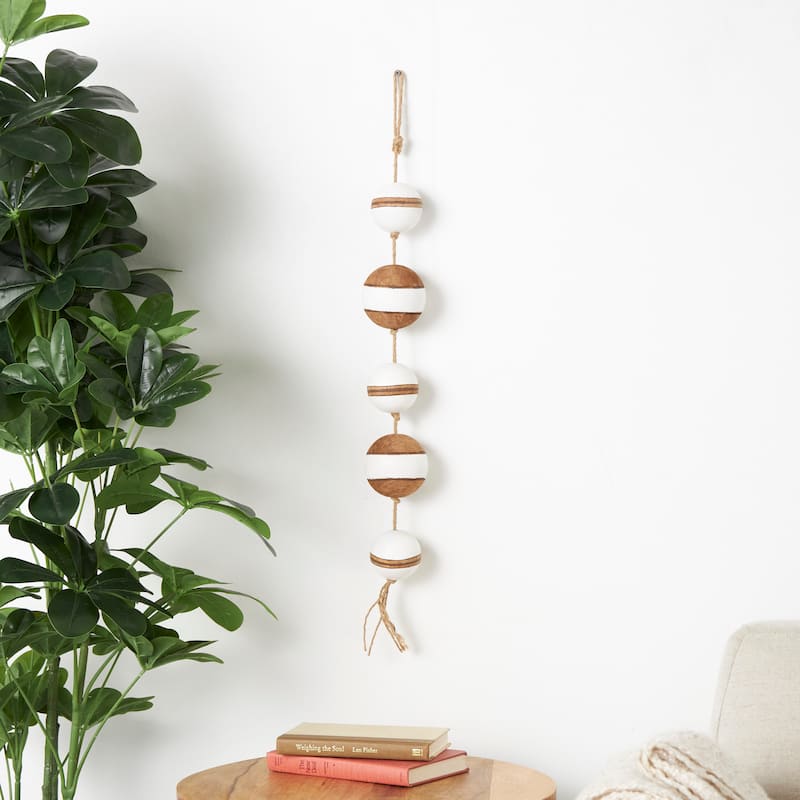 Wood Buoy Two-Toned Striped Hanging Wall Decor with White Accents and Jute Rope - Brown - Roche River Decor