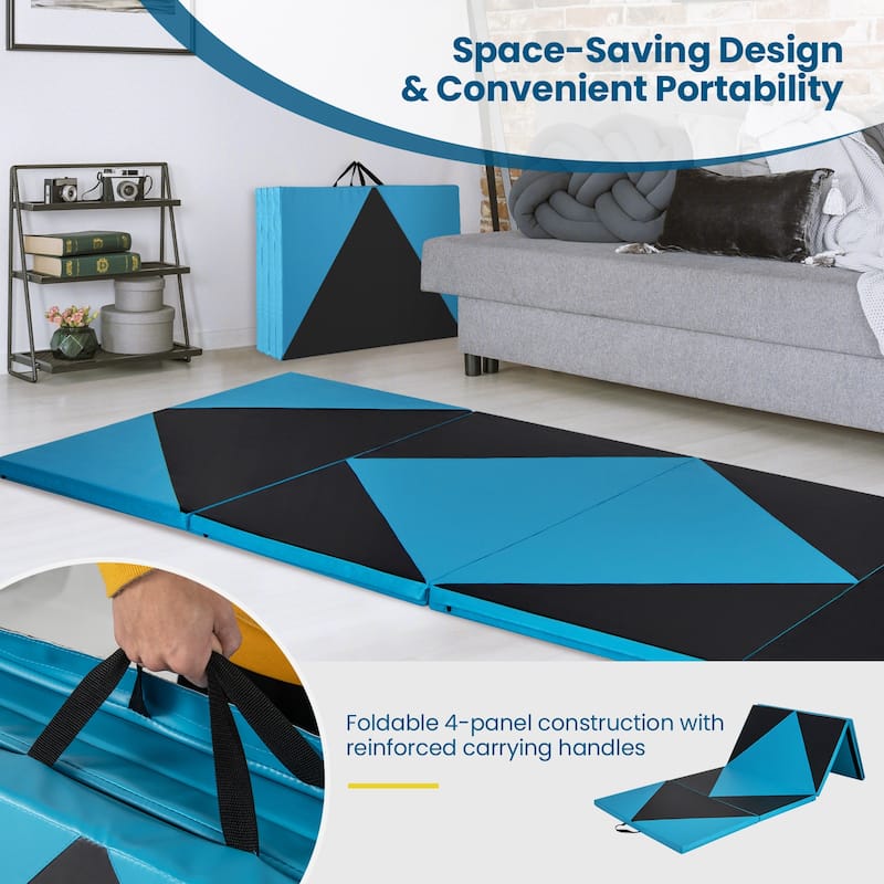 4-Panel Foldable Gymnastics Mat with Shock Absorbing Foam and Hook Loop Secure Connection - 120" x 48" x 2"