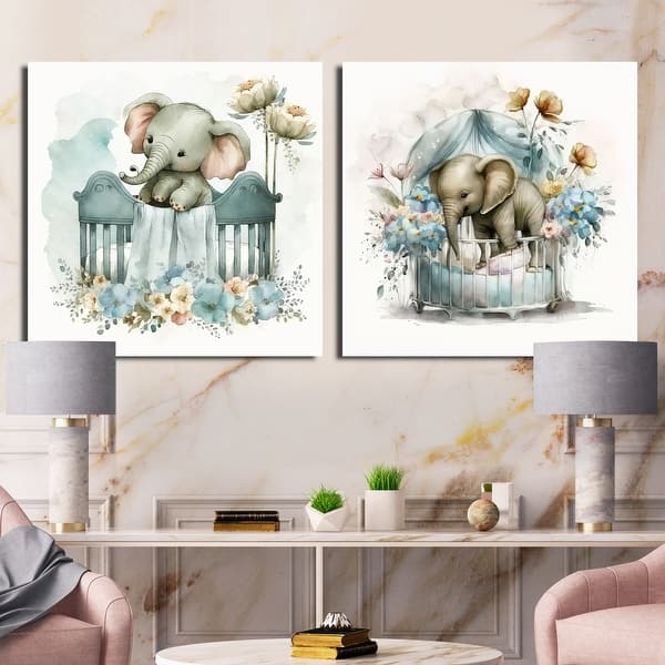 slide 2 of 6, Designart "Baby Elephant In Crib With Flowers" Animals Canvas Set Of 2 - Traditional Wall Art Set Gray Wall Art 2 Pieces