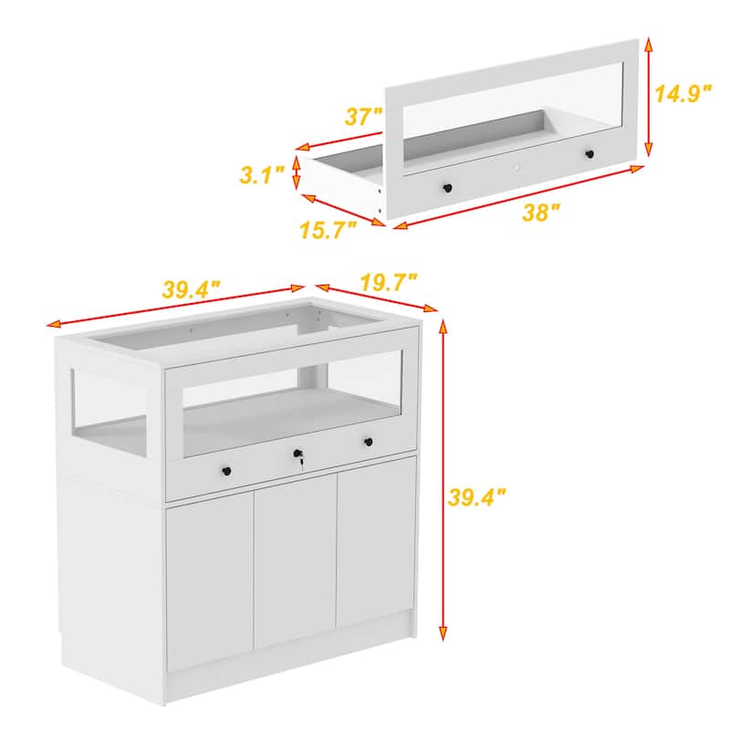 Display Cabinet with Tempered Glass Top and Lockable Storage Closet - 39.4"