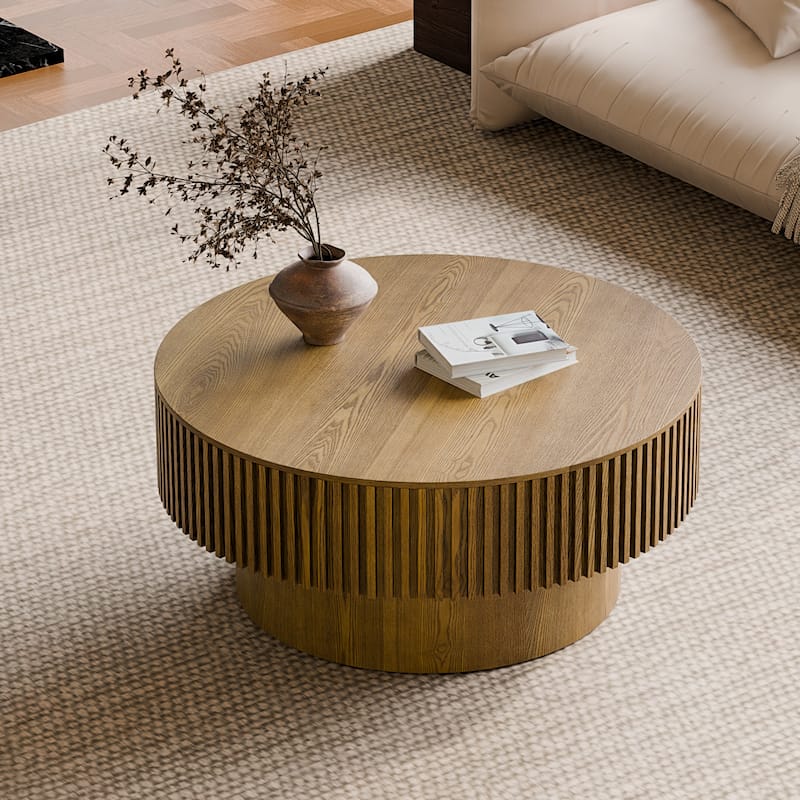 Modern 31.5" Round Coffee Table with Storage Solid Wood Veneer for Living Room and Bedroom Use - Brown