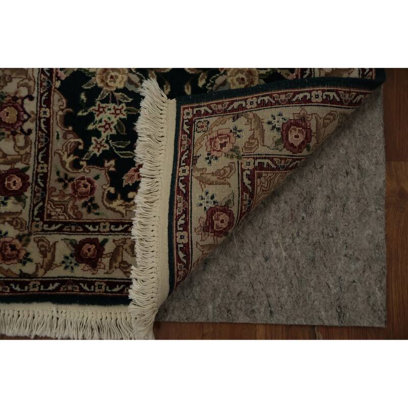 Hand Knotted Oriental Wool & Silk Carpet Traditional Floral Green Kashan Runner Rug - 10' 1'' X 2' 3''