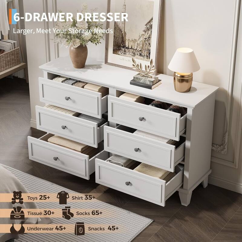 6 Drawer Dresser, Wooden Storage Chest of Drawers for Bedroom, Living Room, Hallway