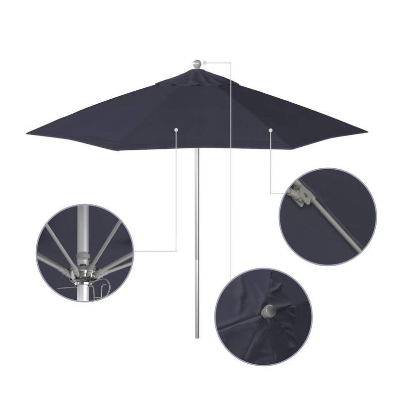 California Umbrella 9' Rd. Aluminum Frame, Fiberglass Rib Patio Umbrella, Push Open,Anodized Silver Finish, Sunbrella Fabric