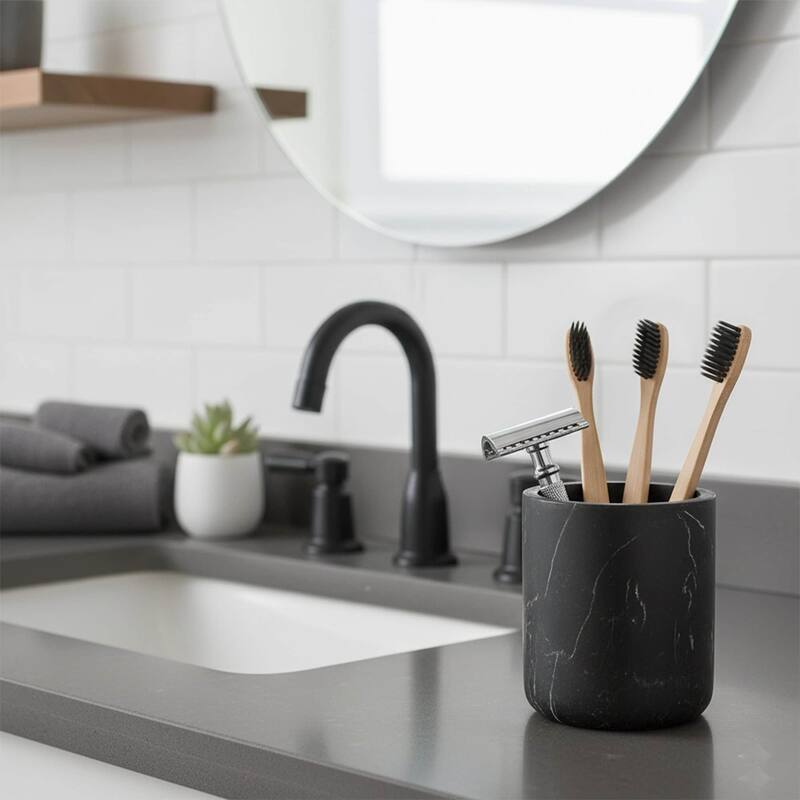 Marble Resin Toothbrush Holder - 2.10 L x 2.10 W x 3.8 H - Black